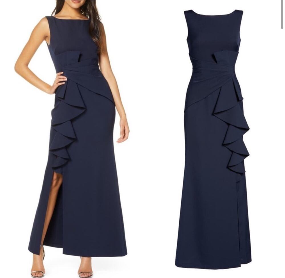 Eliza J Ruffle Front Formal Dress Pleating Waist Sleeveless Blue Size 8 NWT